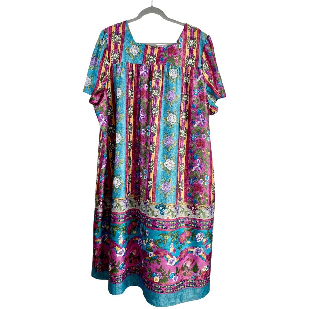 Vintage Granada House Dress 3X Turquoise Floral Muumuu Lounger Pocket Grannycore - Picture 2 of 8
